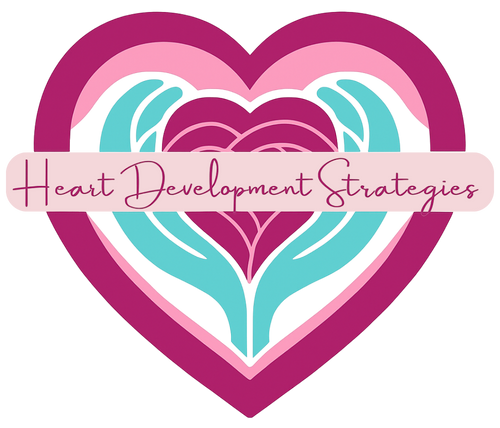 A stylized heart logo in magenta, blush pink, and teal with layered heart shapes and hand-like curves, featuring the text “Heart Development Strategies” in elegant script across the center.